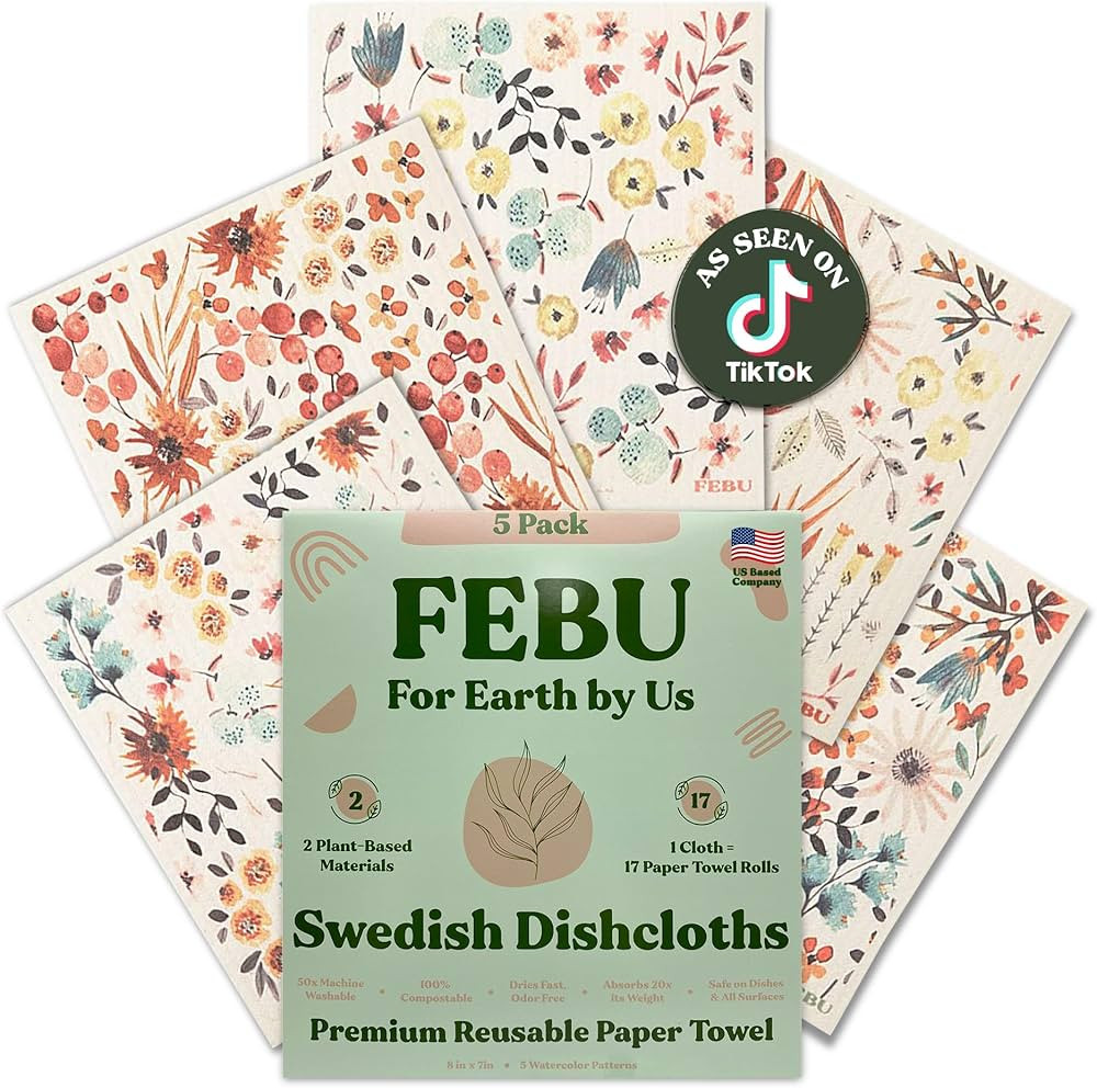 FEBU Swedish Dishcloths 5 Pack Cellulose Sponge Cloths | Amazon (US)
