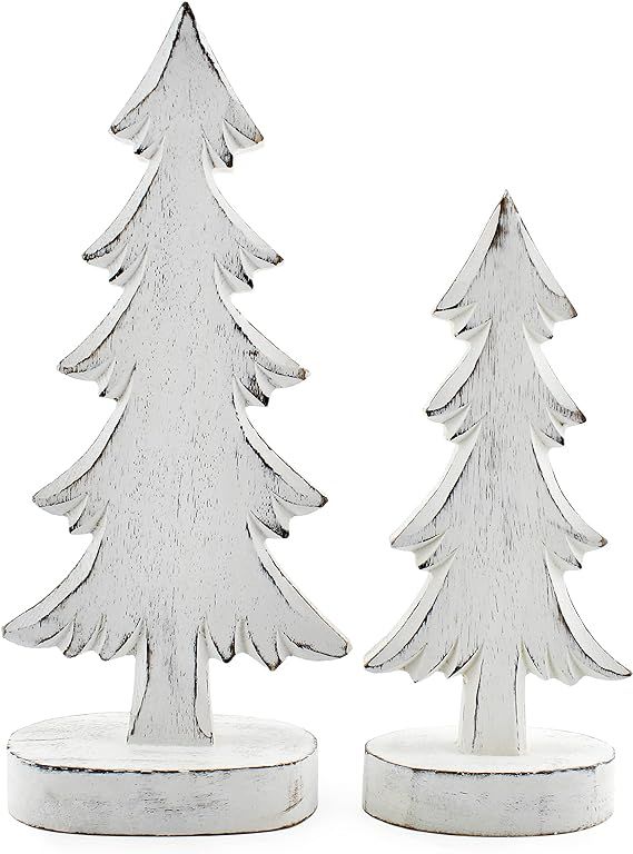 AuldHome Wooden Christmas Trees (Set of 2, Distressed White); Tabletop Handmade Mango Wood Trees ... | Amazon (US)
