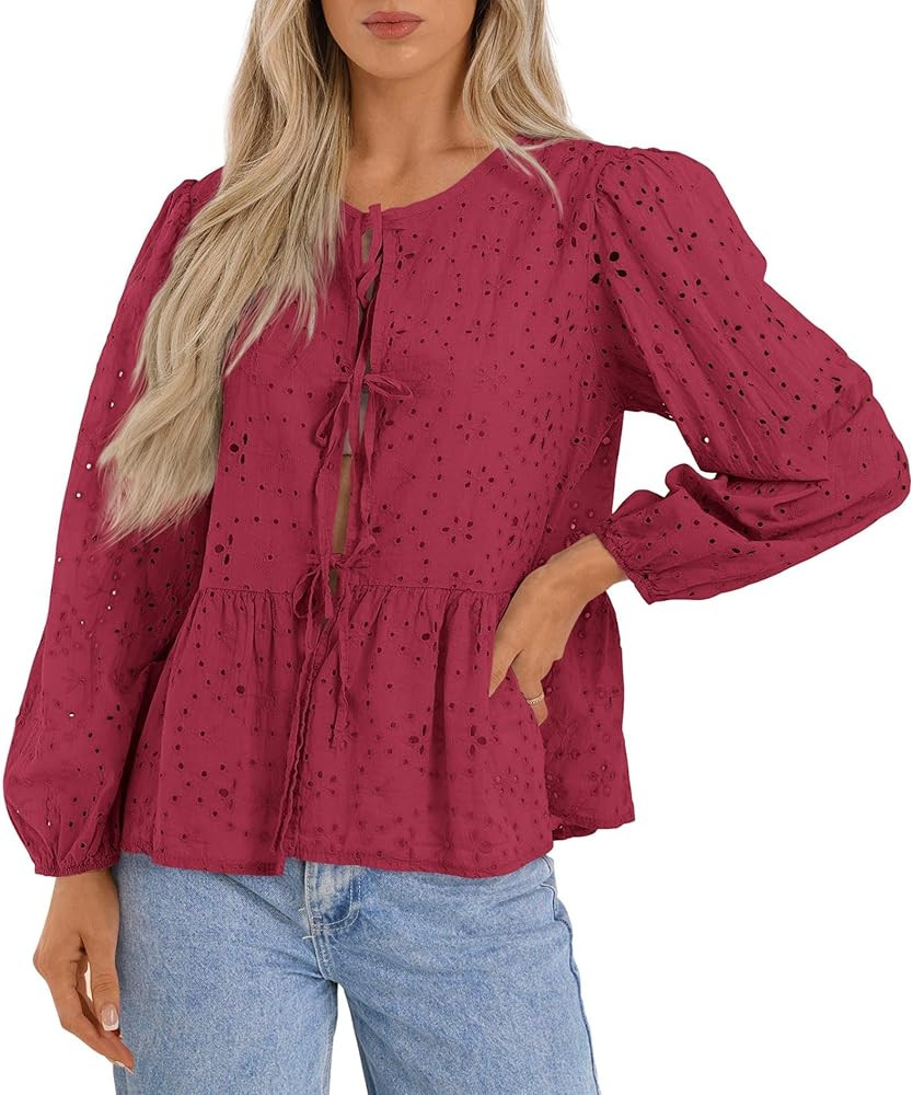 KIRUNDO Womens Tops Casual Dressy Tie Front Bow Puff Sleeve Eyelet Peplum Babydoll Cute Shirts 20... | Amazon (US)