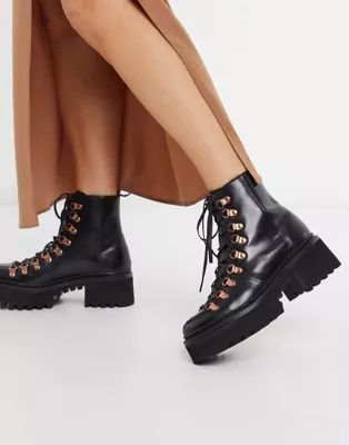 Grenson Nanette black leather patent chunky hiker boots with rose gold hardware | ASOS (Global)