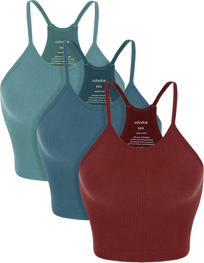 ODODOS Women's Crop 3-Pack Washed Seamless Rib-Knit Camisole Crop Tank Tops | Amazon (US)