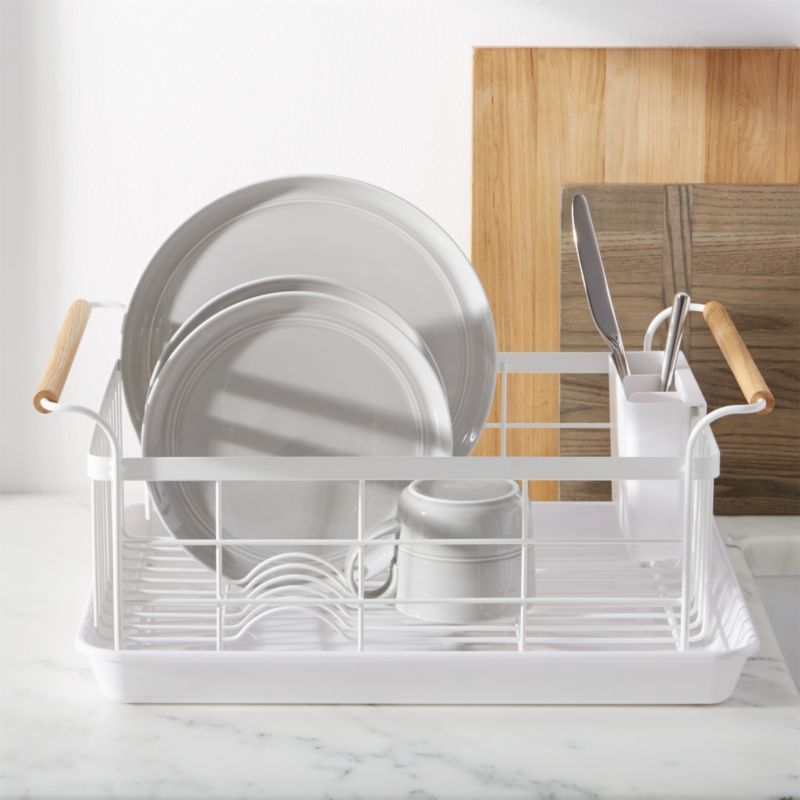 Tosca White Dish Rack with Wood Handles | Crate & Barrel