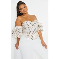 Plus Cream Polka Dot Ruffle Puff Sleeve Bardot Crop Top | PrettyLittleThing US