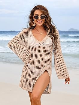 SOCIALA Crochet Top Beach Dress Cover Ups for Swimwear Sexy Women Loose Hollow Out Split V Neck S... | Amazon (US)