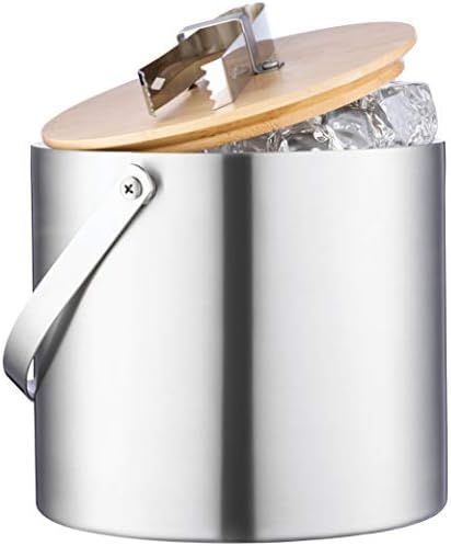 Double- Wall Stainless Steel Insulated Ice Bucket With Lid and Ice Tong - [3 Liter] Modern Bamboo... | Amazon (US)