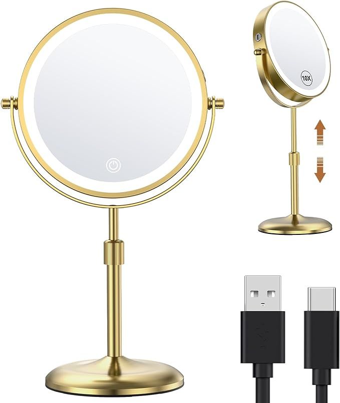 Anfauny Height Adjustable Makeup Mirror with Lights - 7" Double Sided 1X 10X Magnification Lighte... | Amazon (US)