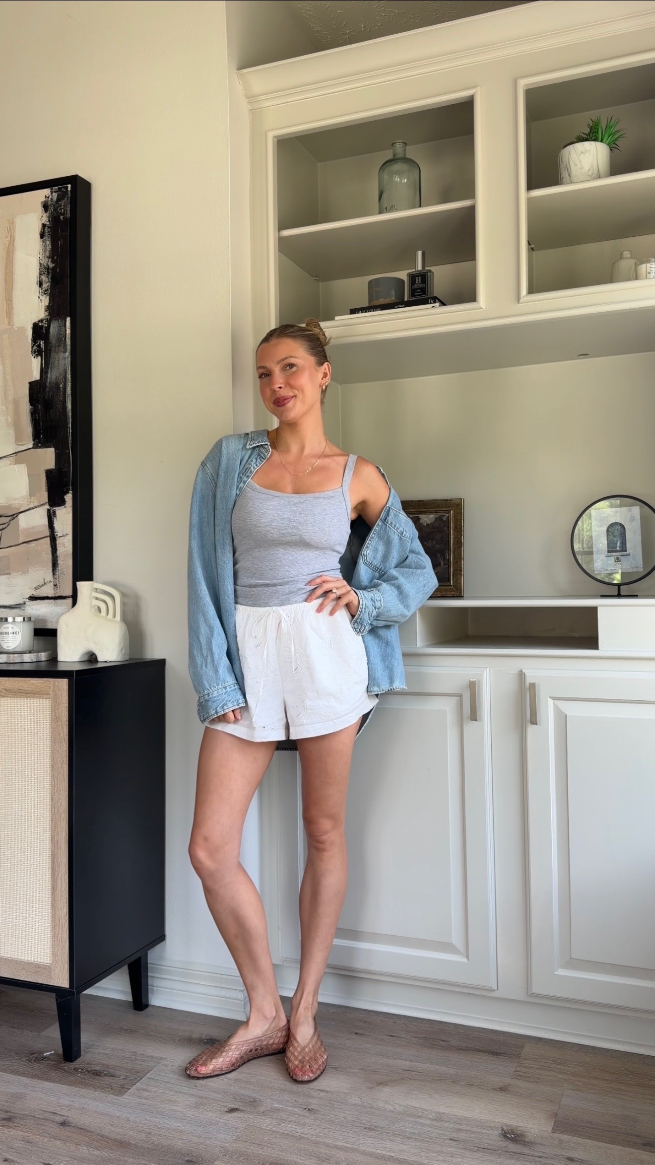 Cute casual mom ootd | S in bra tank, S shorts, M denim shirt 

 #LTKootd #LTKmomlife
