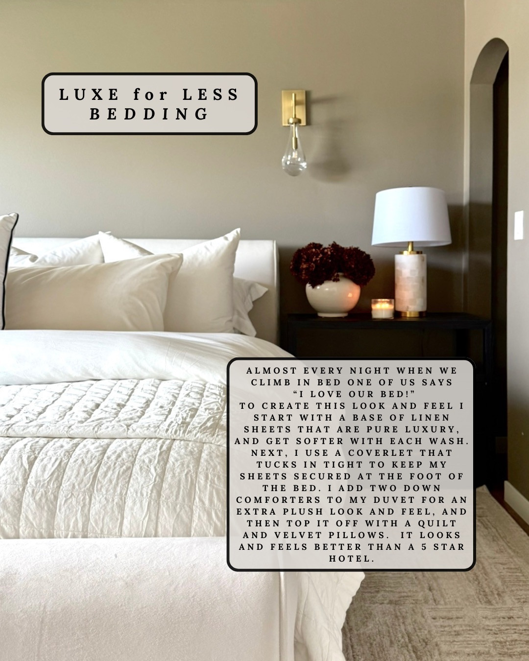 This LUXURY BEDDING LOOK is what makes your bedroom feel like a 5-star hotel. I always start with linen sheets that get softer with every wash, then layer with a coverlet for structure, a plush duvet, and finish with quilts and velvet pillows for that full, elevated look. It’s cozy, polished, and completely transforms your space without the designer price.

#Amazon #TheHillaryStyle #AmazonHome #LuxuryForLess #BedroomInspo #HotelStyleBedroom #NeutralHomeStyle #CozyHome #HomeUpgrade #AmazonFinds 

 #LTKU #LTKOver40 #LTKHome