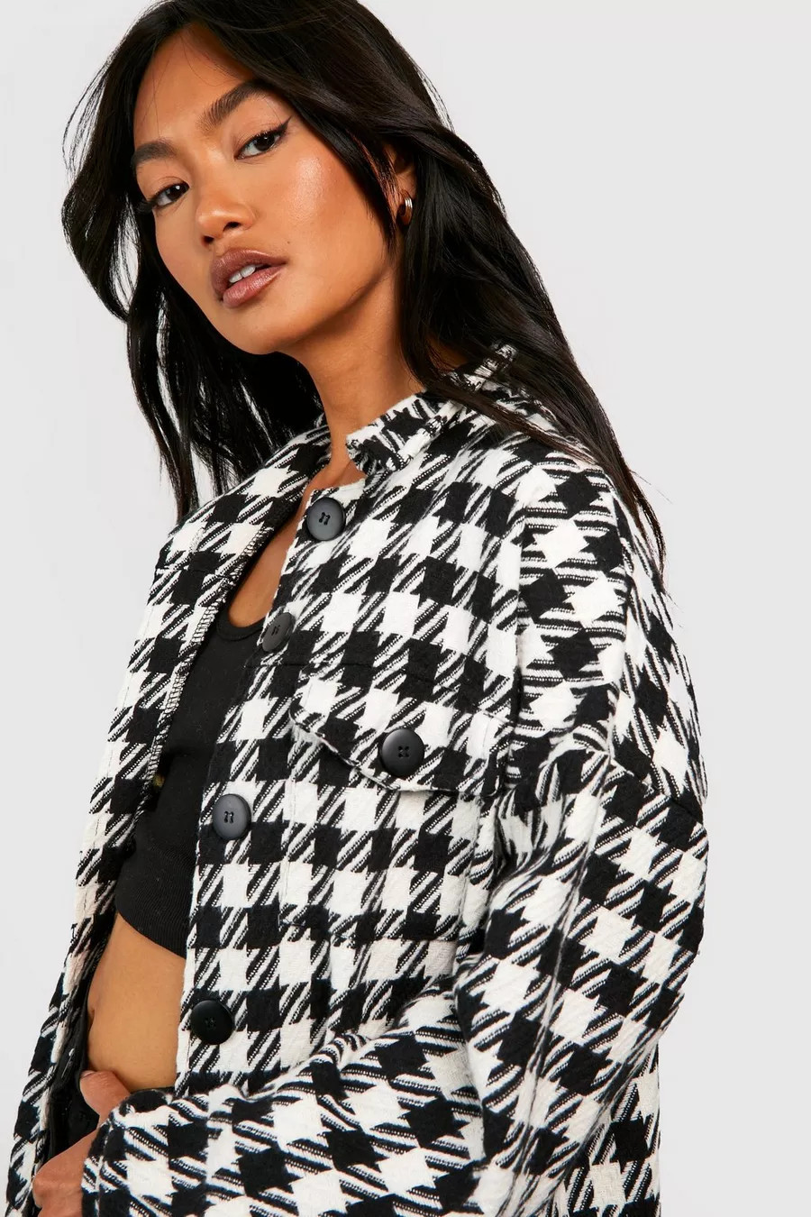 Oversized Wool Look Dogtooth Shacket | Boohoo.com (US & CA)