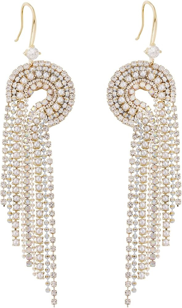 Fringe Hook Dangling Earrings,Long Bohemian Handmade Beaded Cubic Zirconia Crystal Statement Boho... | Amazon (US)