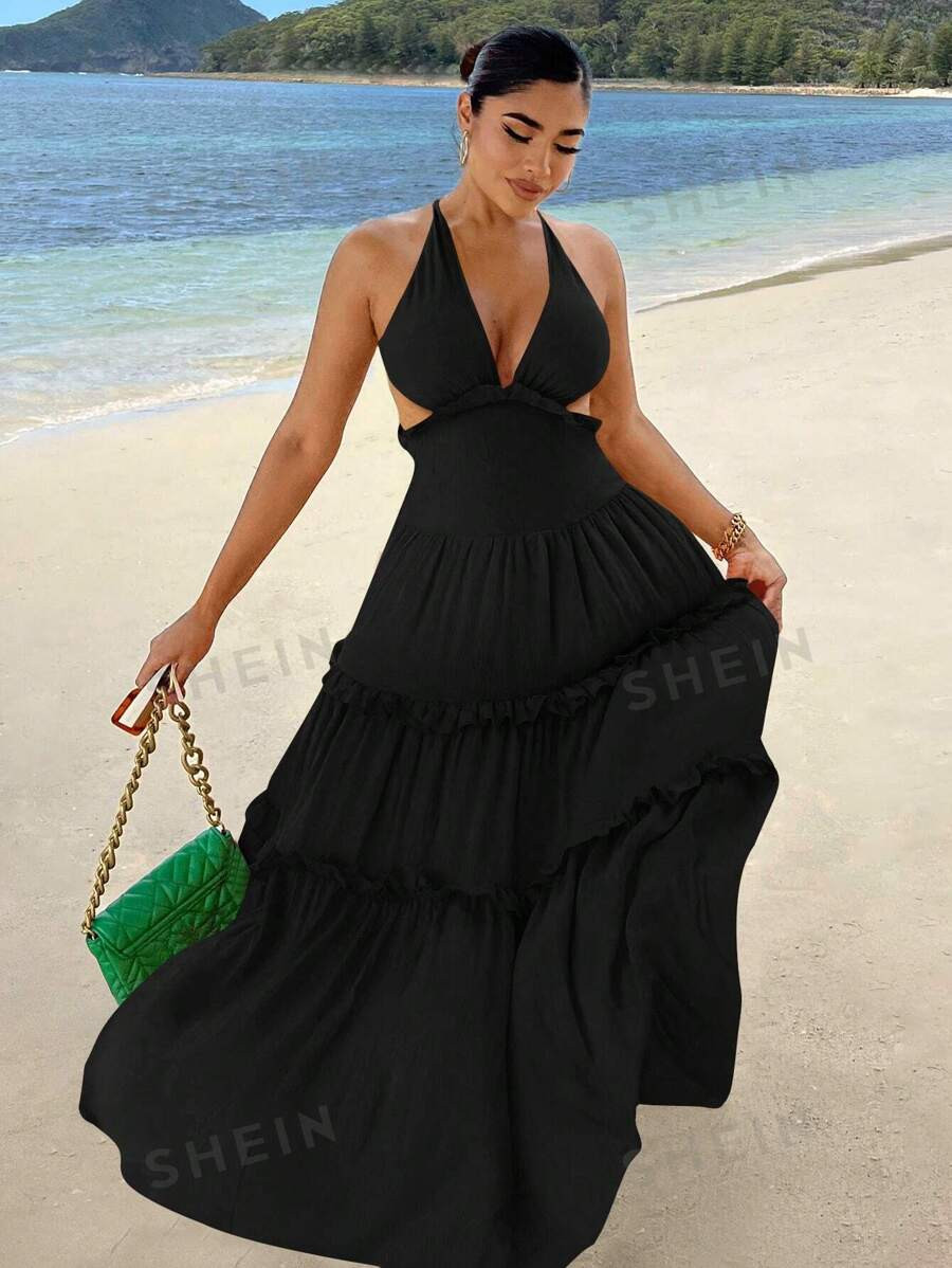 SHEIN SXY Frill Trim Backless Layered Hem Swing  Dress | SHEIN