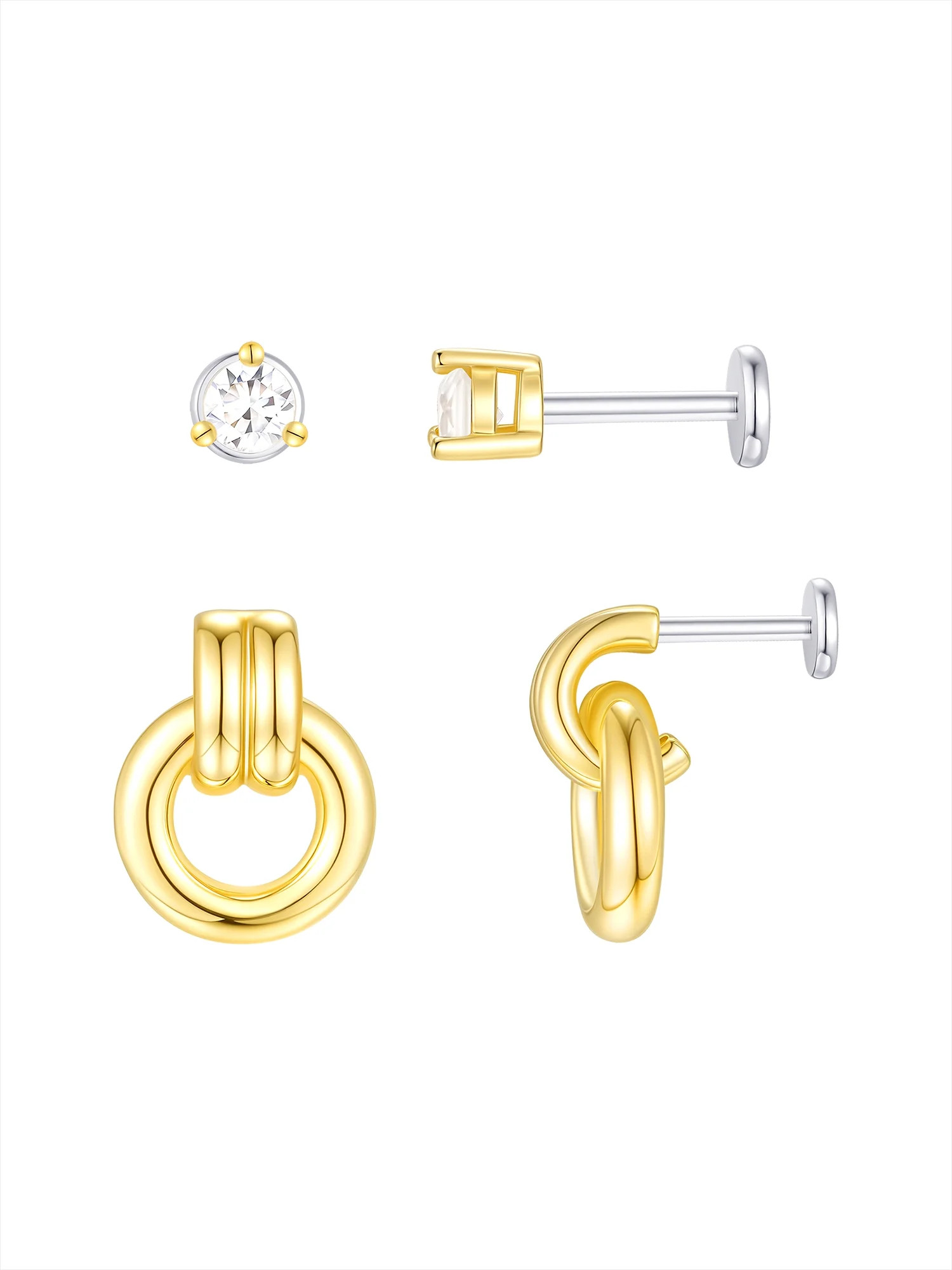 Free Assembly Women's 14K Gold Plated Cubic Zirconia and Doorknocker Earring Set, 2-Pair | Walmart (US)