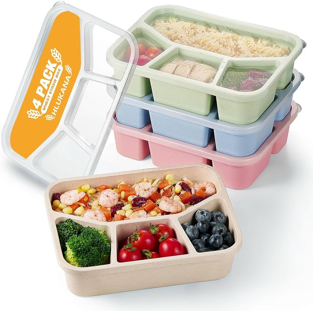 Hlukana 4 Pack Bento Lunch Box, 4 Compartment Wheat Straw Meal Prep Containers for Kids/Toddle/Ad... | Amazon (US)