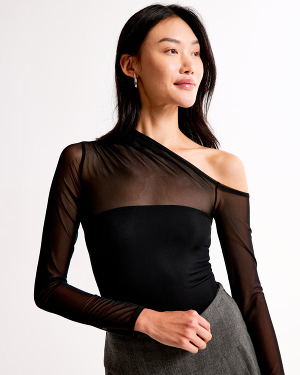 Long-Sleeve Asymmetrical Draped Mesh Bodysuit | Abercrombie & Fitch (US)