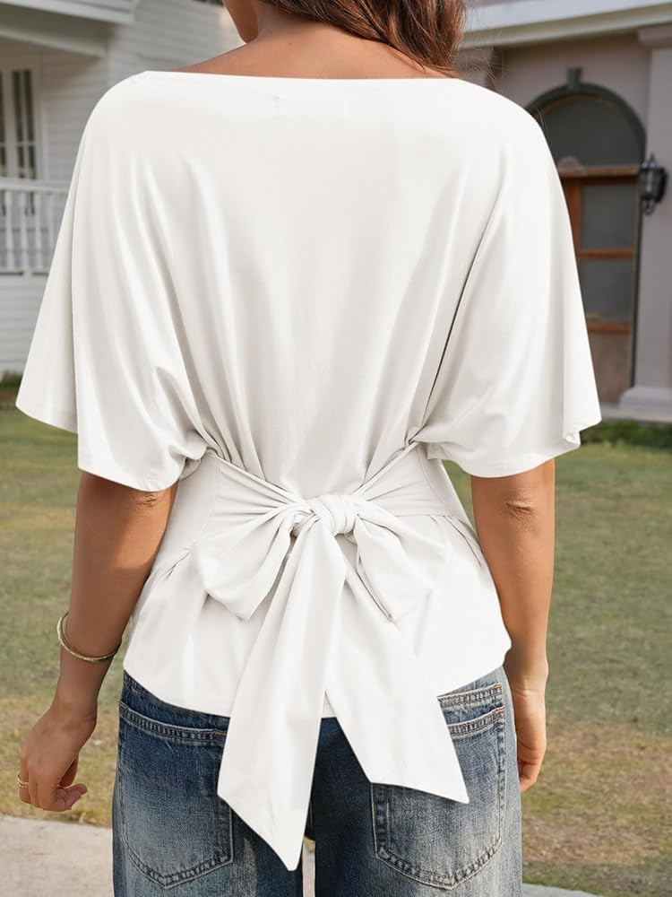 Cicy Bell Womens Summer Wrap Tops Casual Short Sleeve Tie Back Cinched Waist T Shirts Trendy Boat... | Amazon (US)