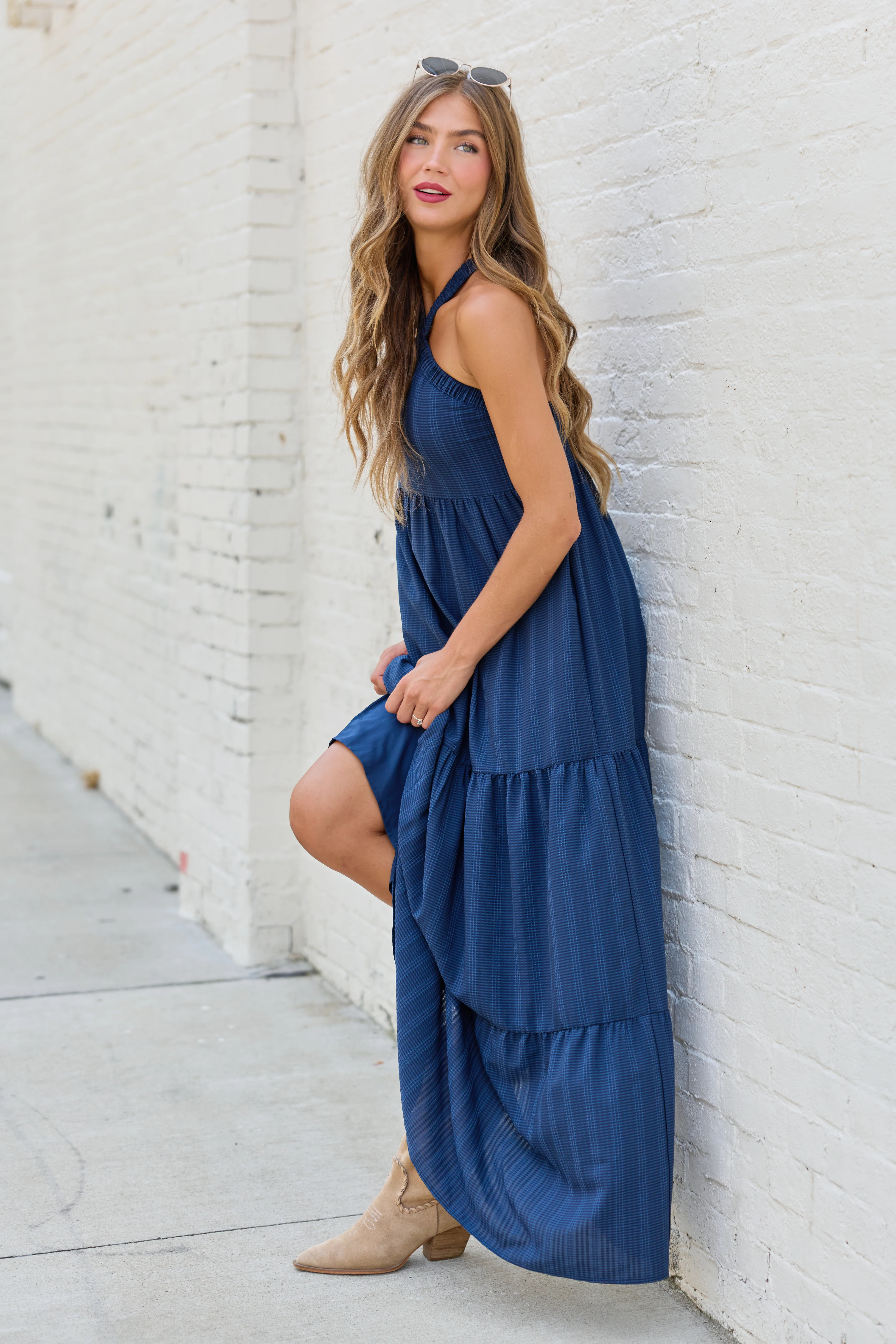 Crystal Navy Halter Maxi Dress | Pink Lily