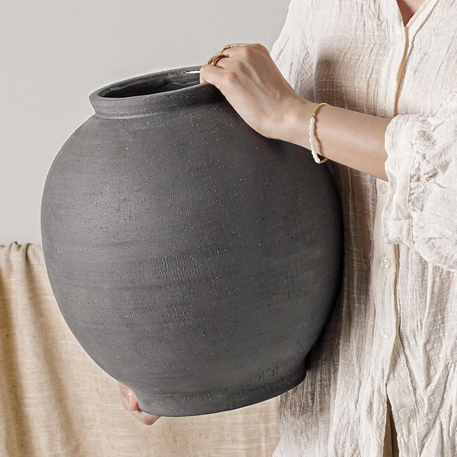 Black Ceramic Vase - Large 12.5 Inch Round Floor Vase for Centerpieces, Farmhouse Flower Vases, Rustic Minimalist Home Decor,Sandstone Dark Grey | Amazon (US)