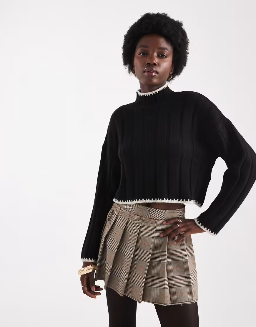 ONLY contrast trim knit cropped sweater in black | ASOS (Global)