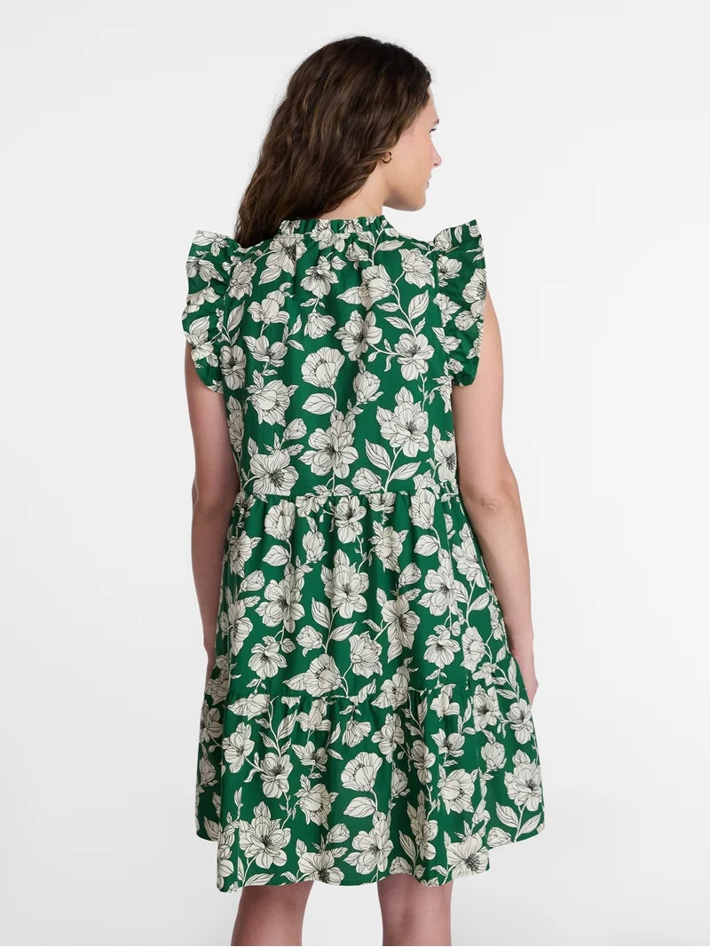 Time and Tru Women's and Women's Plus Tiered Cotton Mini Dress with Flutter Sleeves, Sizes XS-4X | Walmart (US)