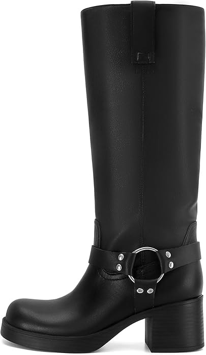 Women's Knee High Riding Boots Round Toe Block Heel Fashion Motorcycle Booties Side Zipper Wide C... | Amazon (US)