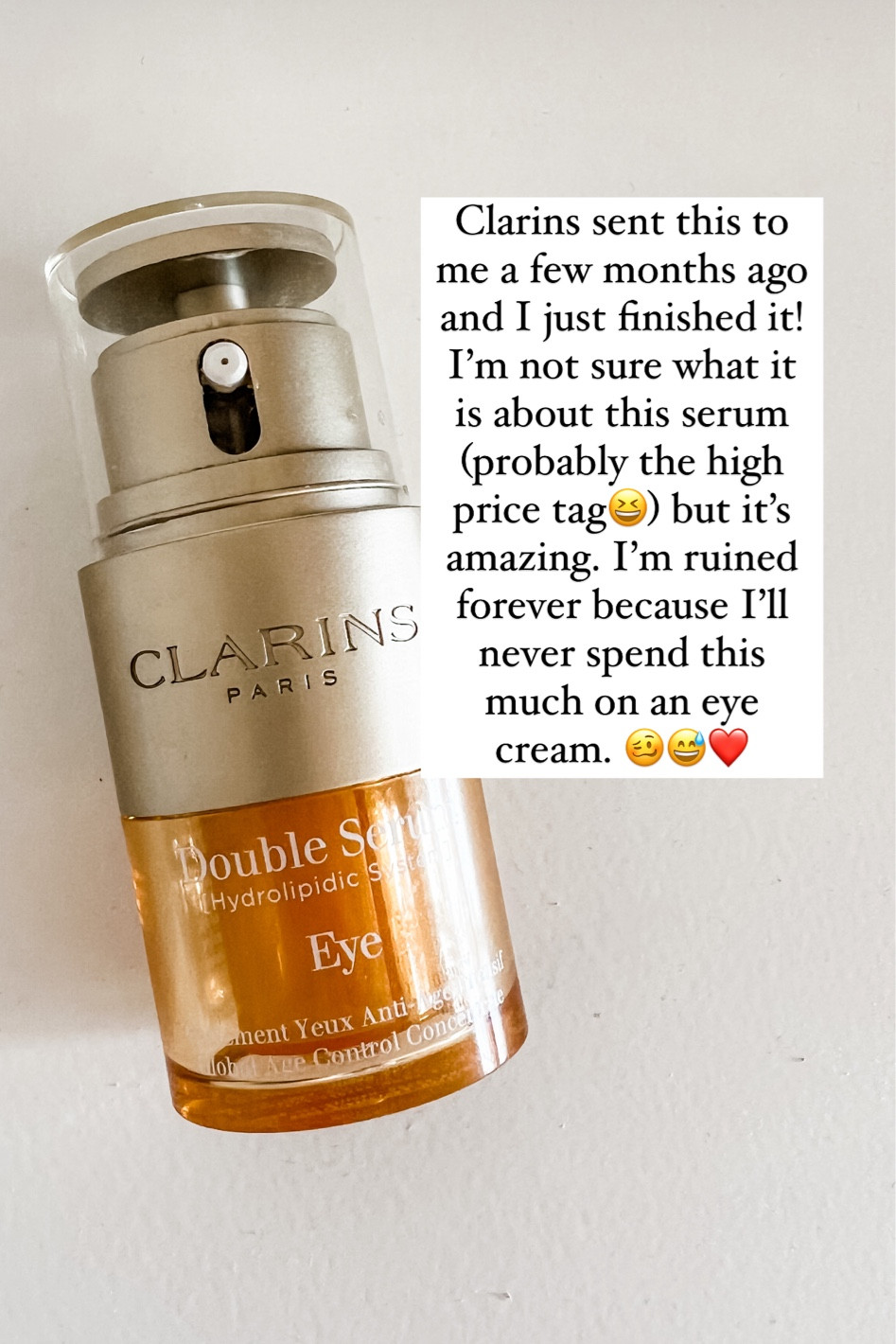 Clarins eye serum, I received this product free as a press sample. Been using it a few months now and I’m hooked. Love how it feels. It has a strong perfume scent that I’d normally balk at but this one is intoxicating. Very expensive but I will say all you need is one pump, it goes a long way. 

#LTKbeauty