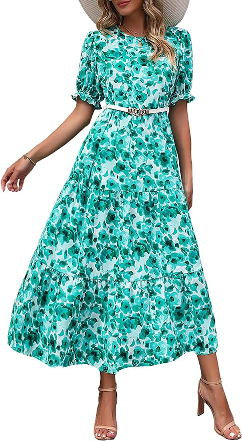 PRETTYGARDEN Women's Summer Casual Boho Dress Floral Print Ruffle Puff Short Sleeve Flowy Midi Be... | Amazon (US)