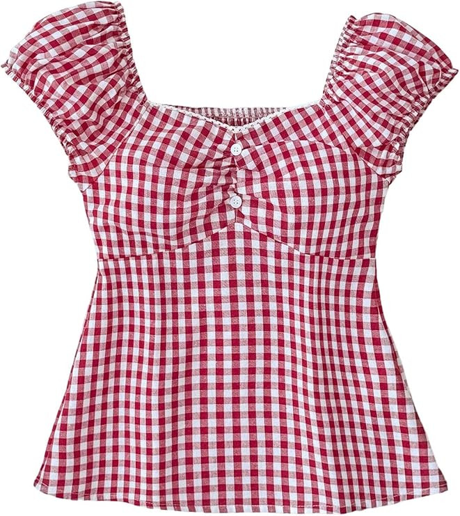 GORGLITTER Girl's Gingham Cute Top Cap Sleeve Sweetheart Neck Ruffle Peplum Summer Babydoll Shirt... | Amazon (US)