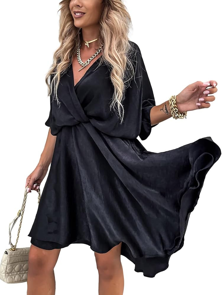 Yanfoam Women's Satin Sexy V Neck Short Dress Batwing Sleeve Boho Ruffle Dress Casual Loose Wrap ... | Amazon (US)