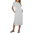ANRABESS Womens Summer Casual Midi Dress Short Sleeve Crewneck T Shirt Long Dresses Split Stripe ... | Amazon (US)