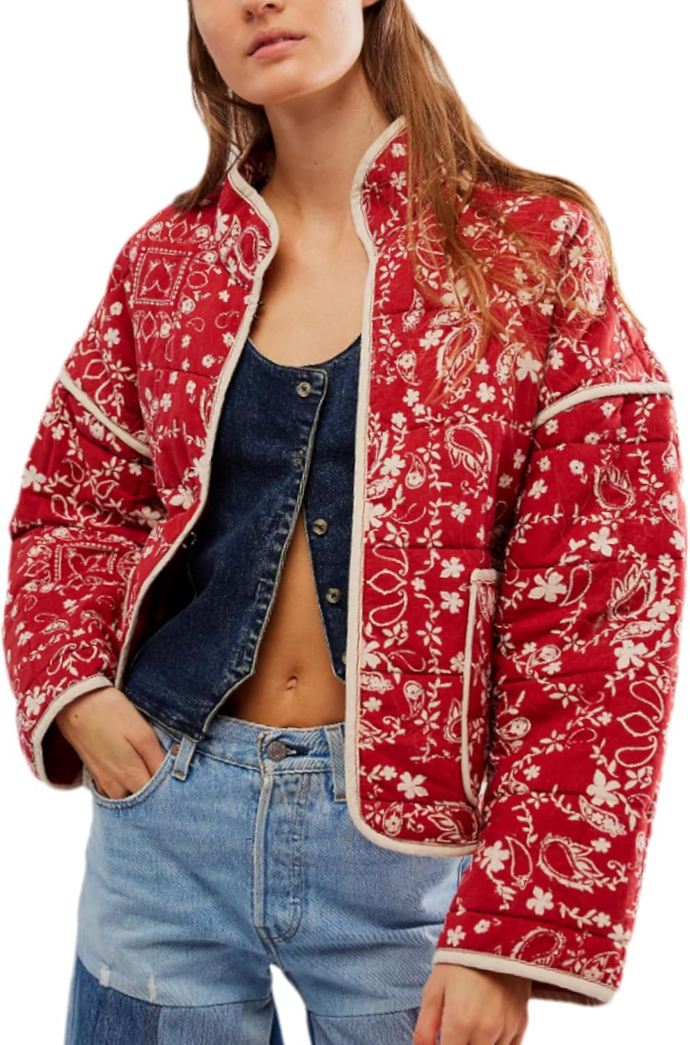 VAOYIU Women's Loose Retro Striped Quilted Jacket Stand Collar Cropped Puffer Outerwear Vintage Coat with Contrast Trim | Amazon (US)
