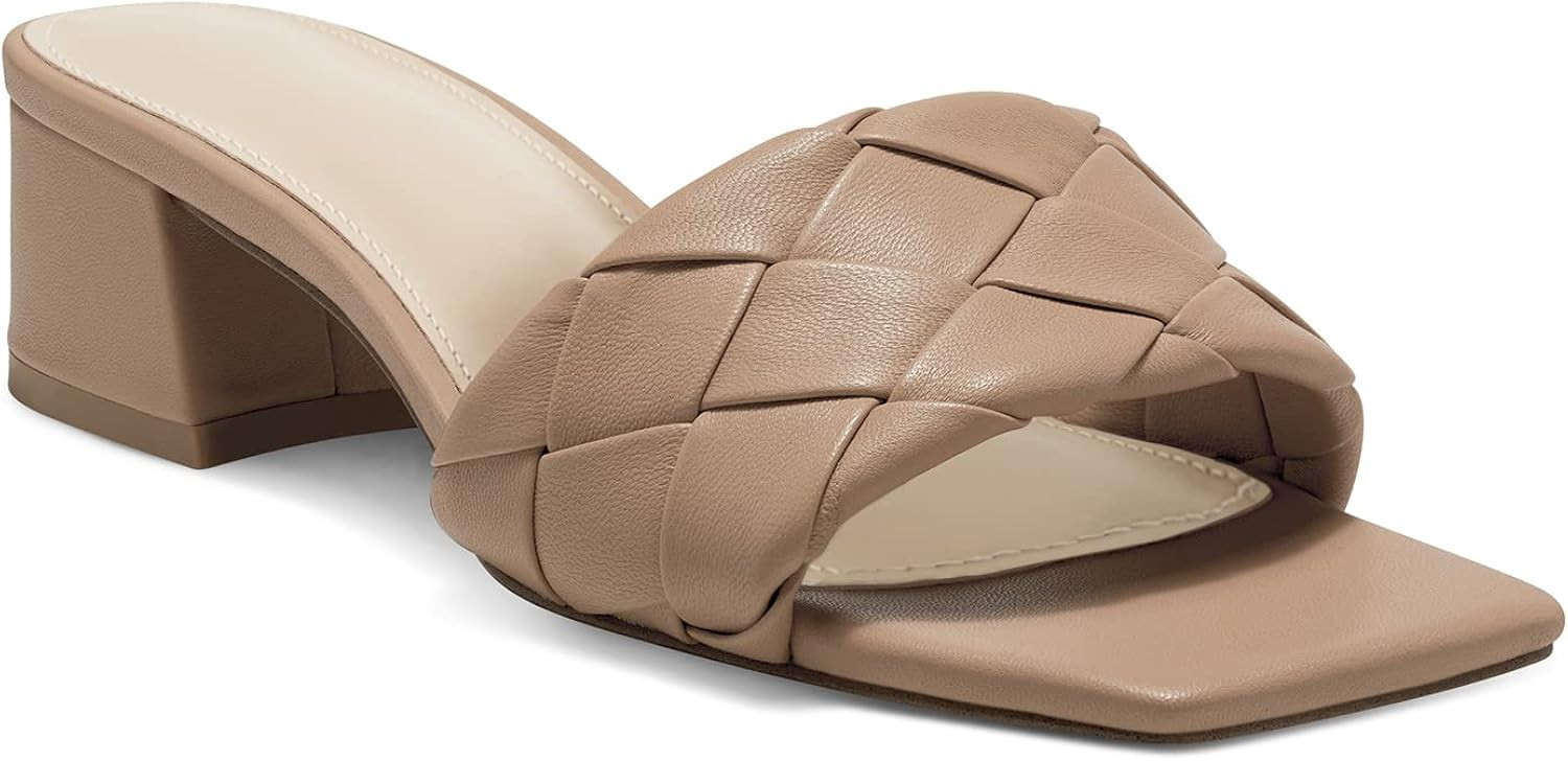 Women's Woven Square Open Toe Slides Sandals Braided Strappy Chunky Low Heels Slip On Casual Mule... | Amazon (US)