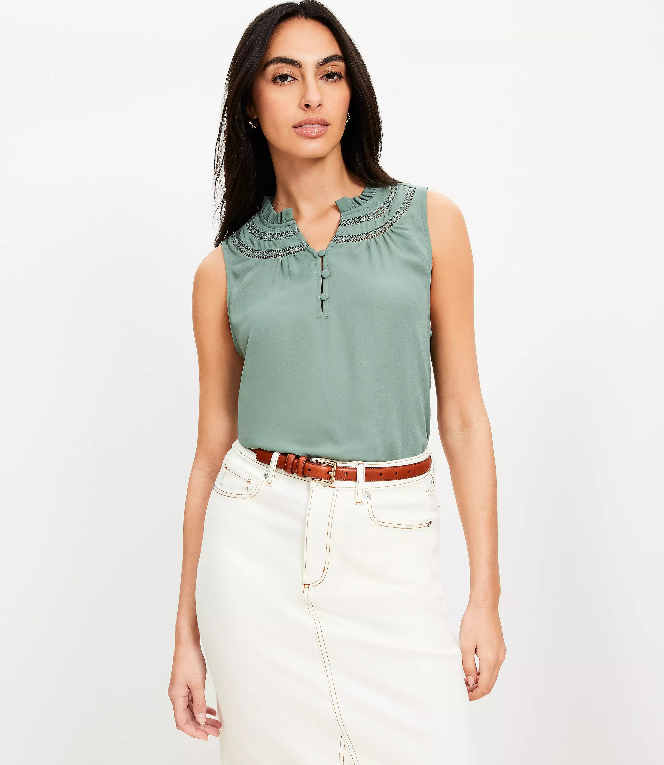 Cutout Ruffle Neck Shell | LOFT