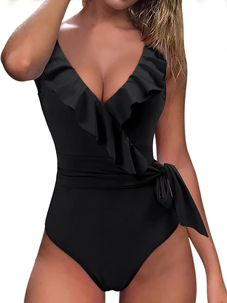 MOSHENGQI Women Ruffle One Piece Swimsuit V Neck Tummy Control Bathing Suit Wrap Monokini Swimwea... | Amazon (US)