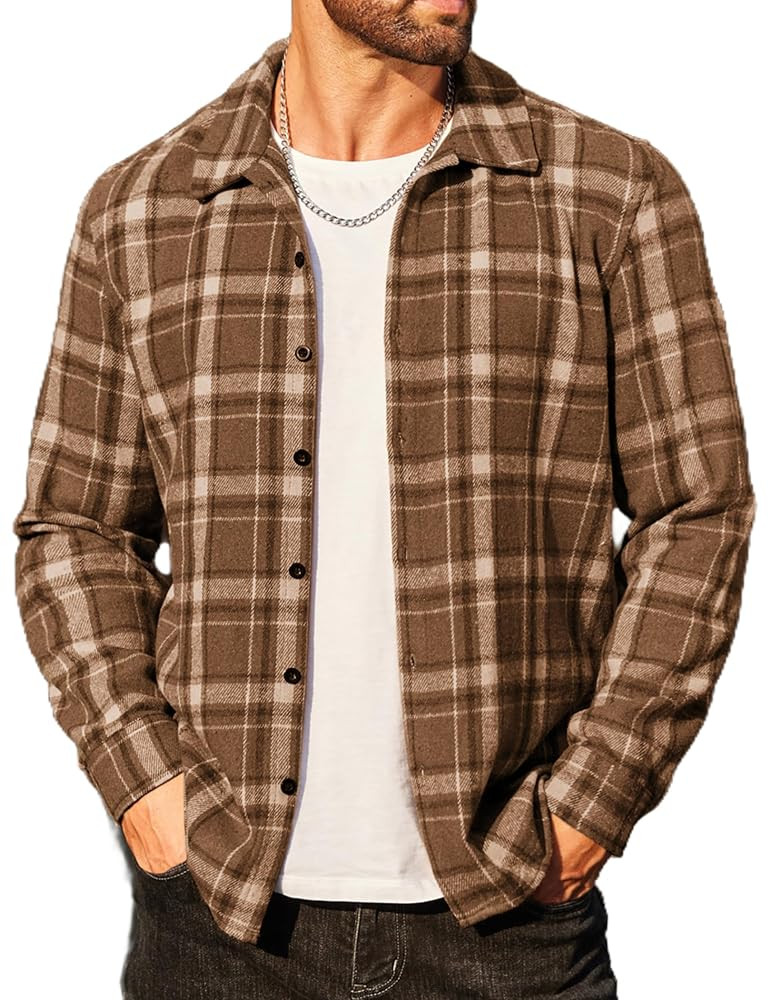 COOFANDY Men's Flannel Shirts Casual Button Down Plaid Shirt Jacket Long Sleeve Fleece Shacket | Amazon (US)