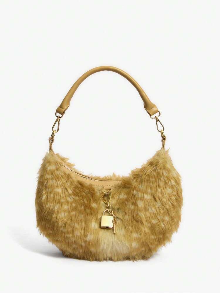 SHEIN SXY Ladies, Women Shoulder Bag, Hobo Bag, Fluffy , Plush, Fur & Fuzz, Animal Print, Plush Bag, Gold Hardware Padlock Decoration, Retro, Vintage, Fashionable, Elegant , Simple, Personalized, Versatile, Classic, For Commute, Office, Date, Daily, Shopping, Afternoon Tea | SHEIN