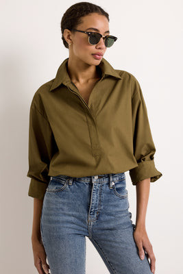 DALLAS TOP Green Cotton Button-Up Shirt with Bagged Hem $275.00 / | Marie Oliver