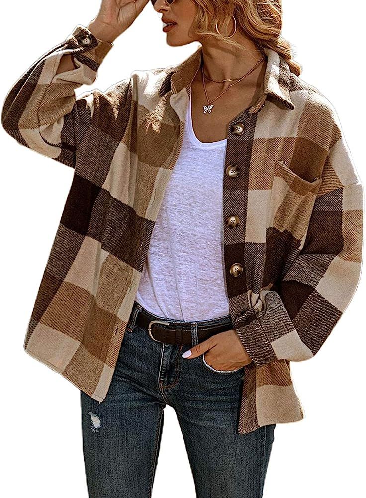 chouyatou Women's Oversized Casual Button Down Plaid Shirt Jacket Flannel Shacket | Amazon (US)