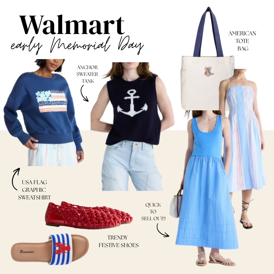 Walmart early Memorial Day finds that are so good right now and you need to shop these before they sell out 🤍✨ A USA flag floral graphic sweatshirt, a navy anchor sweater tank, red woven ballet flats, blue and white lobster slide sandals, an American canvas tote bag, a cornflower blue midi dress, and a blue and pink striped sundress — every single festive and coastal piece covered and every price will completely surprise you. 

#LTKootd #LTKSeasonal #LTKTravel