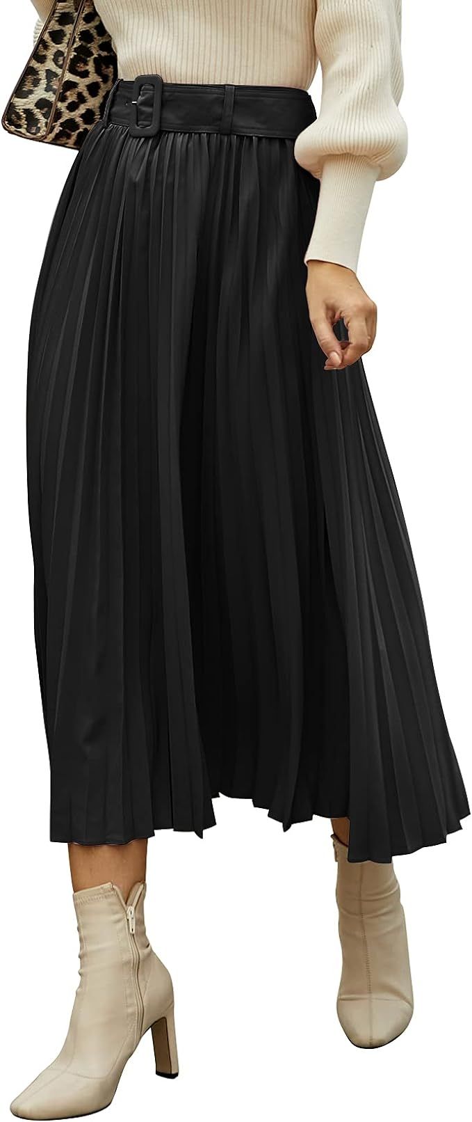 EXLURA Women’s Pleated Skirt High Waisted A-Line Belted Flowy Midi Swing Skirt | Amazon (US)