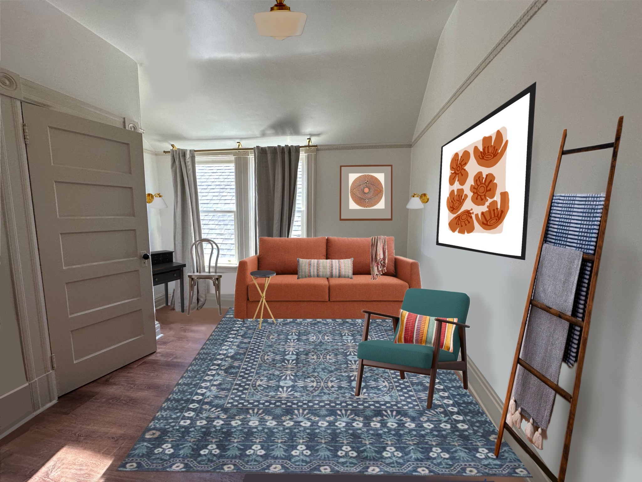 The communal living room design is welcoming and cozy. Lots of nods to the neighborhood history with eclectic woven tapestries, historic map, and eyeball artwork. Lots of extra pillows and blankets makes it feel comfortable and relaxed.  (IKEA chair, Spaze orange couch, and Real Fun Wow artwork could not be tagged on LTK, so I will send the links separately) 