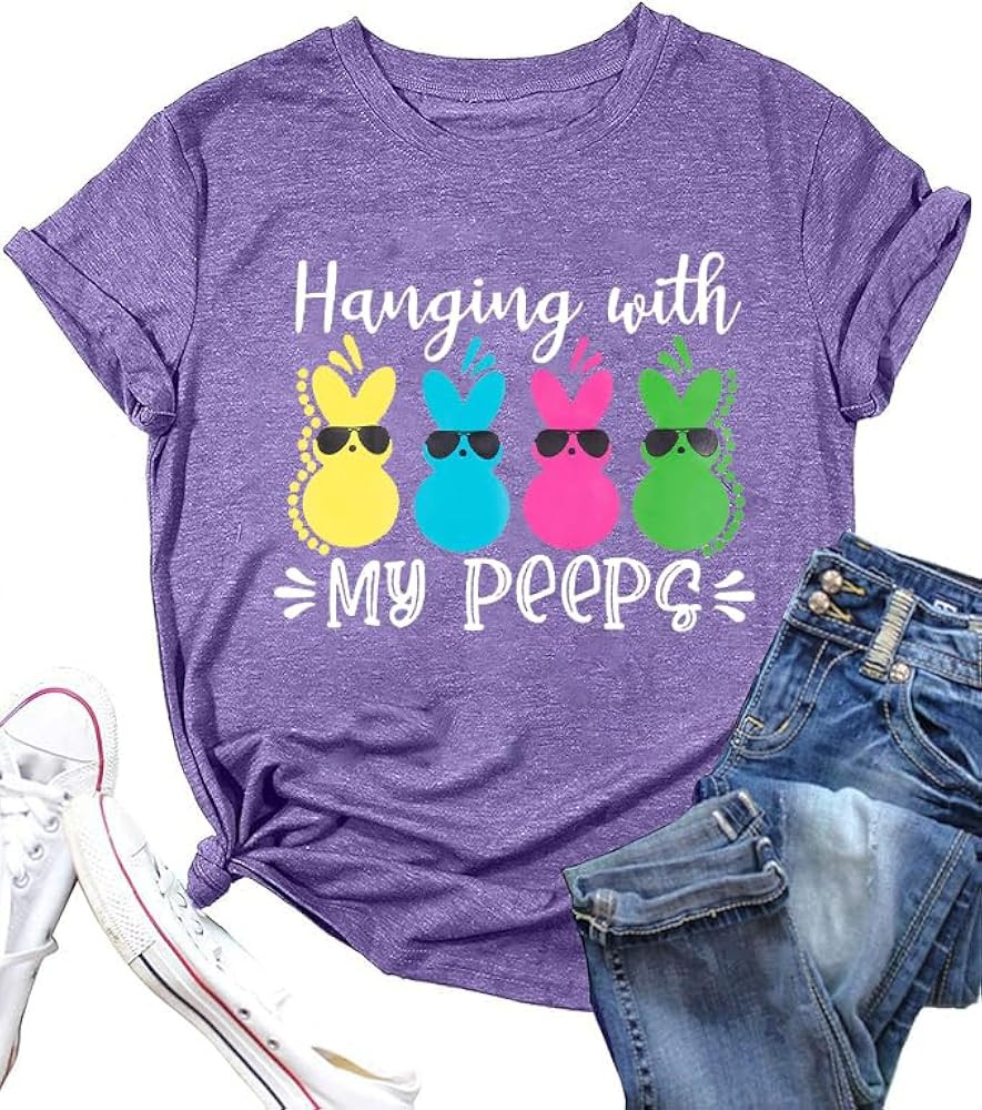 Easter Shirts for Women Hanging with My Peeps Easter Shirt Bunny Rabbit Graphic T-Shirt Casual Sh... | Amazon (US)