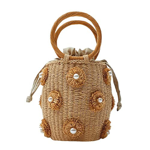 NIBD Flower Pearls Rattan Tote Bag Summer Beach Drawstring Straw Bucket Bag Diamonds Woven Handbag (A Flower) | Amazon (US)
