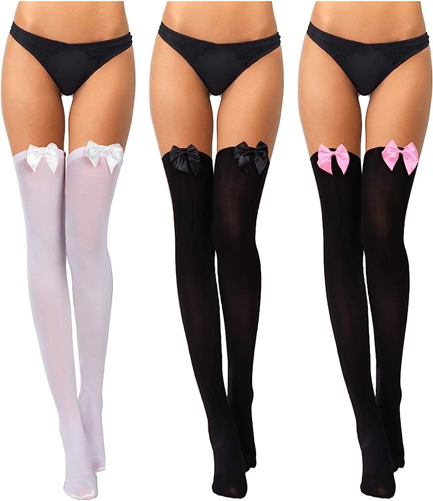 3 Pairs Women Bow Lace Thigh High Stockings Over The Knee Socks for Halloween Valentine's Day Dress  | Amazon (US)