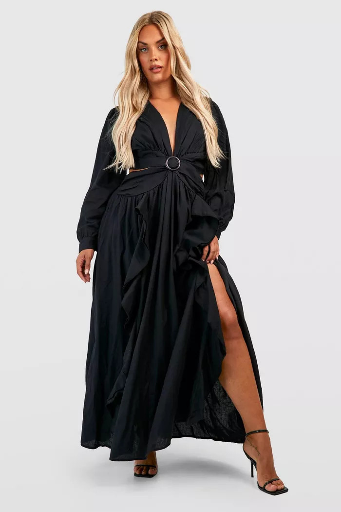 Plus Linen Cut Out Ruffle Maxi Dress | Boohoo.com (US & CA)