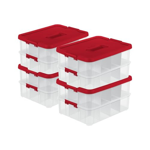 Sterilite 4-Pack 2-Layer Ornament Box, Plastic Christmas Organizer Bins with Lids, Red - Large Stackable Organizing Containers for Holiday and Seasonal Decorations | Amazon (US)