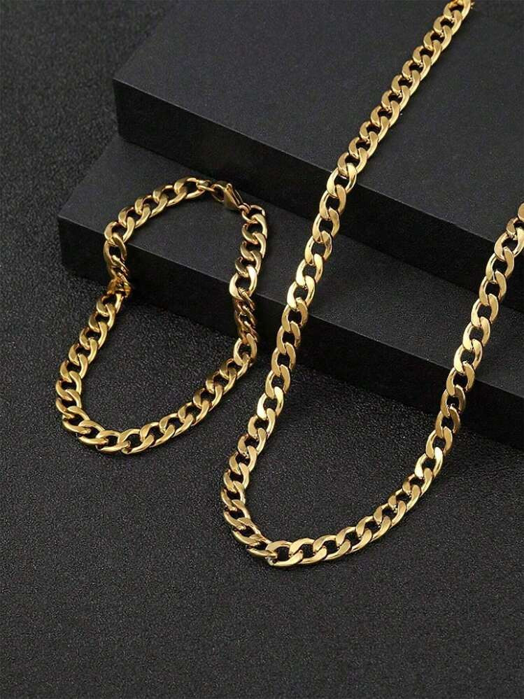 2pcs Stainless Steel Necklace And Bracelet Set, Fashionable And Simple Design, Suitable For Men's Daily Wear, Exquisite Gift Christmas New Year Valentine's Day Holiday Gift | SHEIN