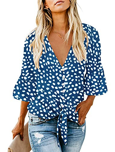 Kancystore Womens Boho Tops 3/4 Sleeve Deep V Neck Animal Print Shirts Beach Tops for Older Women Skydiver,M | Amazon (US)