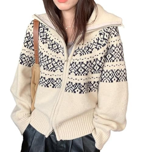 Bosloga Fair Isle Sweaters for Women, Double Zipper Long Sleeve Mock Neck Knit Crop Tops, Christmas Retro Vintage Chic (Beige,Small) | Amazon (US)