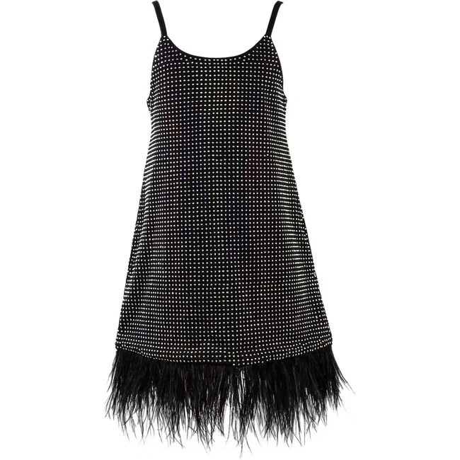 Midnight Crystal Feather Hem Sleeveless Dress, Black | Maisonette