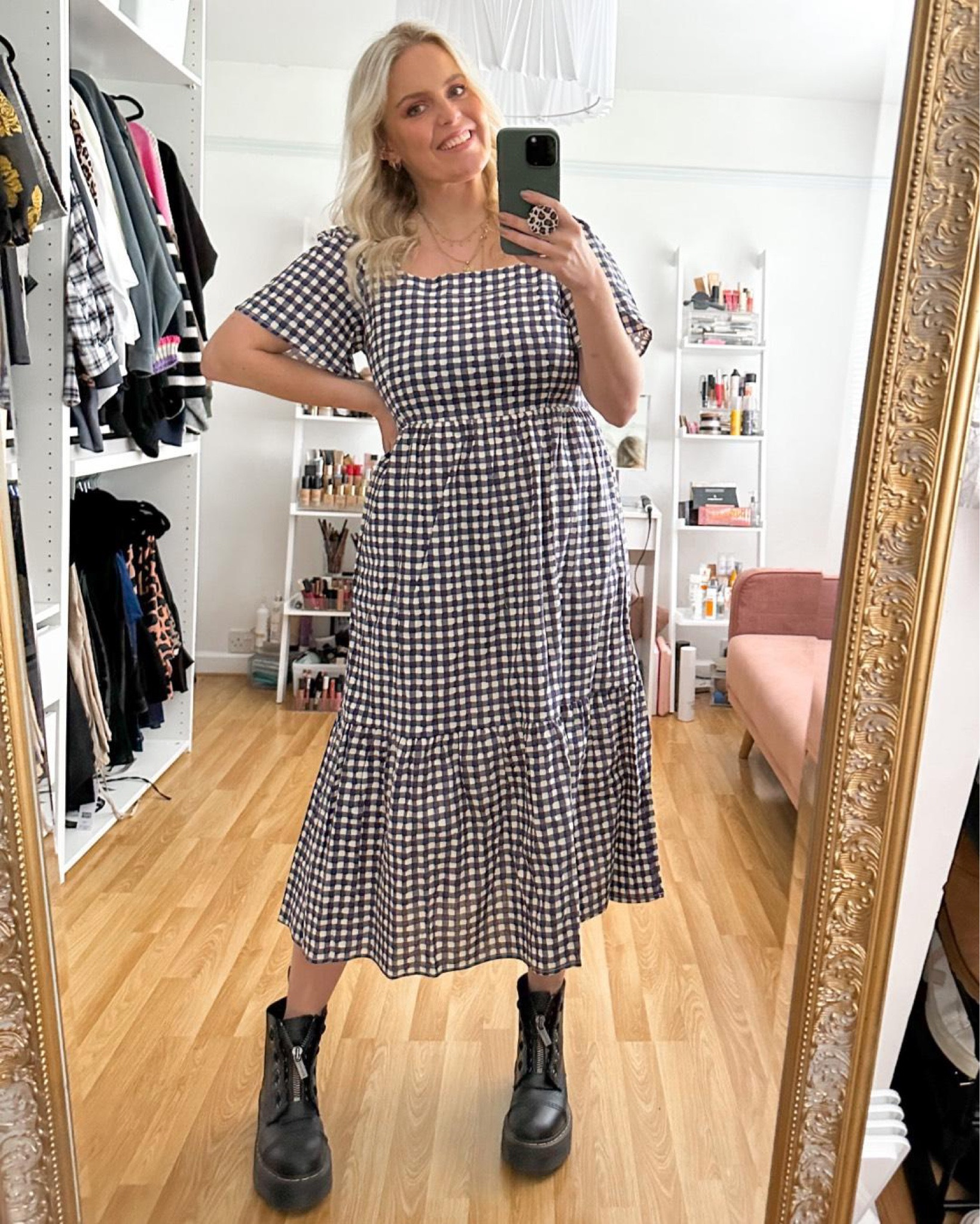 Checkered dress, ruffle puff shoulder, square neck dress, black boots 

#LTKstyletip #LTKSeasonal #LTKeurope
